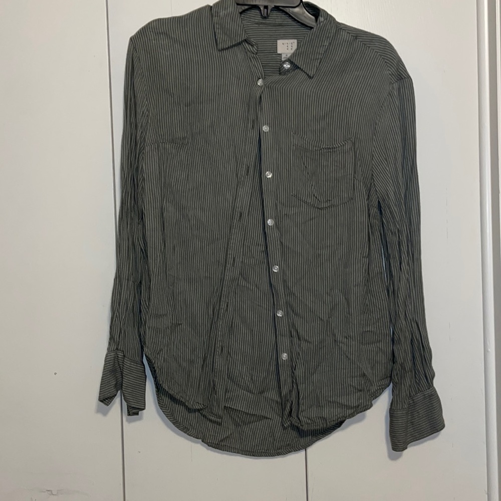 Green and white striped button up